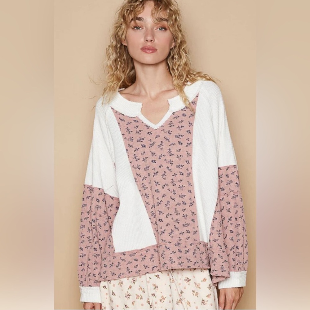POL Waffle Knit Floral Notched Long Sleeve top